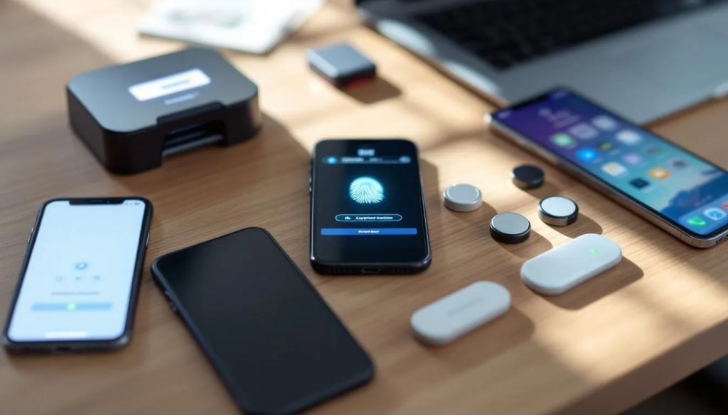 Auf einem Schreibtisch liegen verschiedene Authentifizierungsgeräte, darunter Fingerabdruckscanner, Smartphones und Sicherheitstoken, die alle zur Identitätsüberprüfung und Zugriffskontrolle in modernen Sicherheitssystemen dienen. Diese Geräte repräsentieren verschiedene Methoden zur Verwaltung von Identitäten und Berechtigungen in einem digitalen Umfeld.