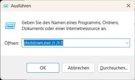Screenshot: Windows 11 Neustart mit dem Befehl shutdown.exe