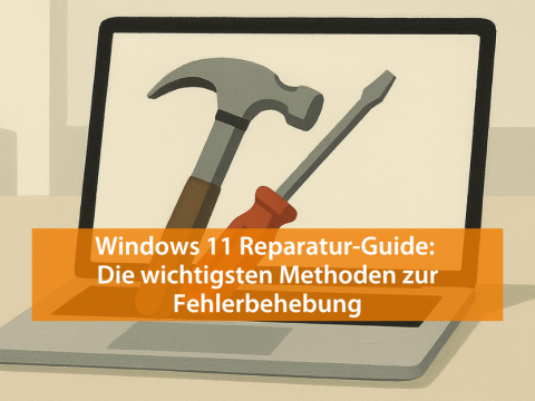 Titelnbild für den Blogartikel: Windows 11 Reparatur, mit einem Laptop und Werkzeug im Vordergrund