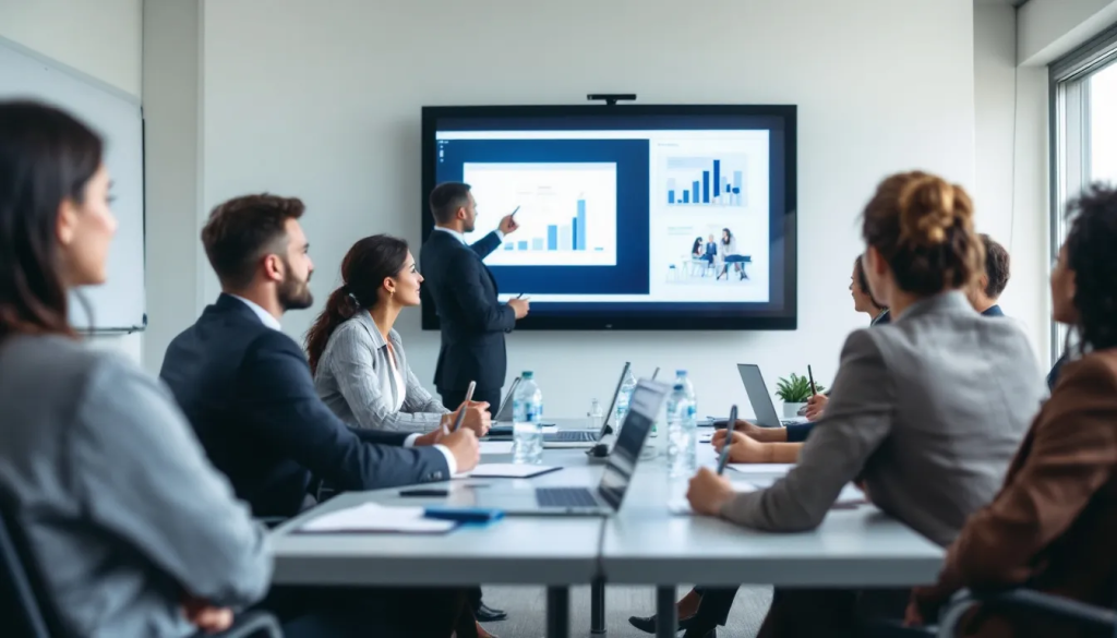 Eine Gruppe von Geschäftsleuten sitzt in einem Schulungsraum und hört einer Präsentation über das Thema "Business Continuity Management" zu. Auf der Leinwand sind Diagramme und Strategien zu sehen, die sich mit der Sicherstellung von Geschäftsprozessen in Krisenzeiten befassen.