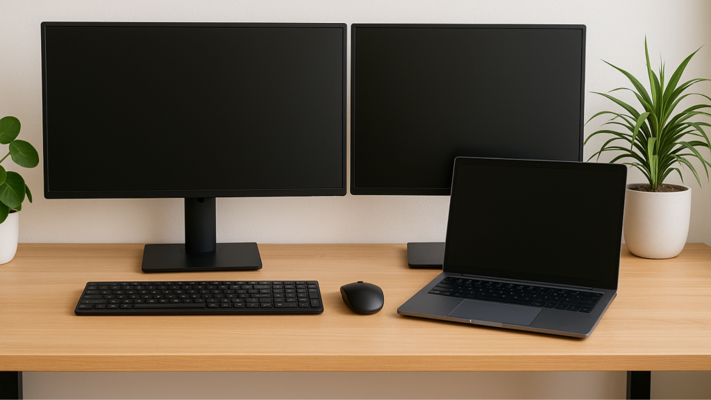 In der Abbildung sind moderne Arbeitsplätze zu sehen, die mit mehreren Monitoren und fortschrittlicher Technologie ausgestattet sind, um die Effizienz in der Unternehmensführung zu steigern. Diese Umgebung unterstützt das business continuity management, indem sie eine flexible und resiliente Infrastruktur für die Geschäftsprozesse in Krisenzeiten bietet.