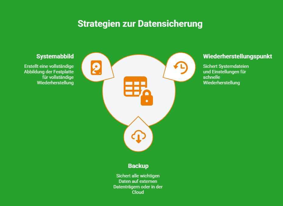 Visualisierung der Unterschiede zwischen Wiederherstellungspunkt, Systemabbild und Backup als Datensicherungsstrategien.