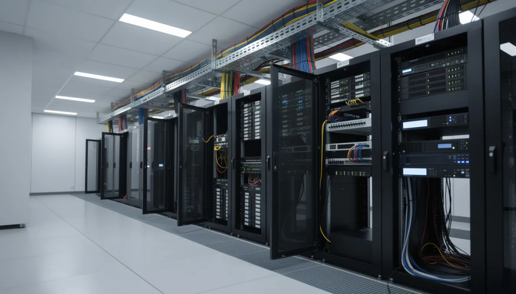 Der Serverraum zeigt eine professionelle IT-Infrastruktur mit verschiedenen Netzwerkgeräten, darunter Server, die als Domänencontroller fungieren. Diese Umgebung ist entscheidend für die IT-Sicherheit in Unternehmen und ermöglicht die Verwaltung von Benutzerzugriffen und Authentifizierungsanfragen über Active Directory.