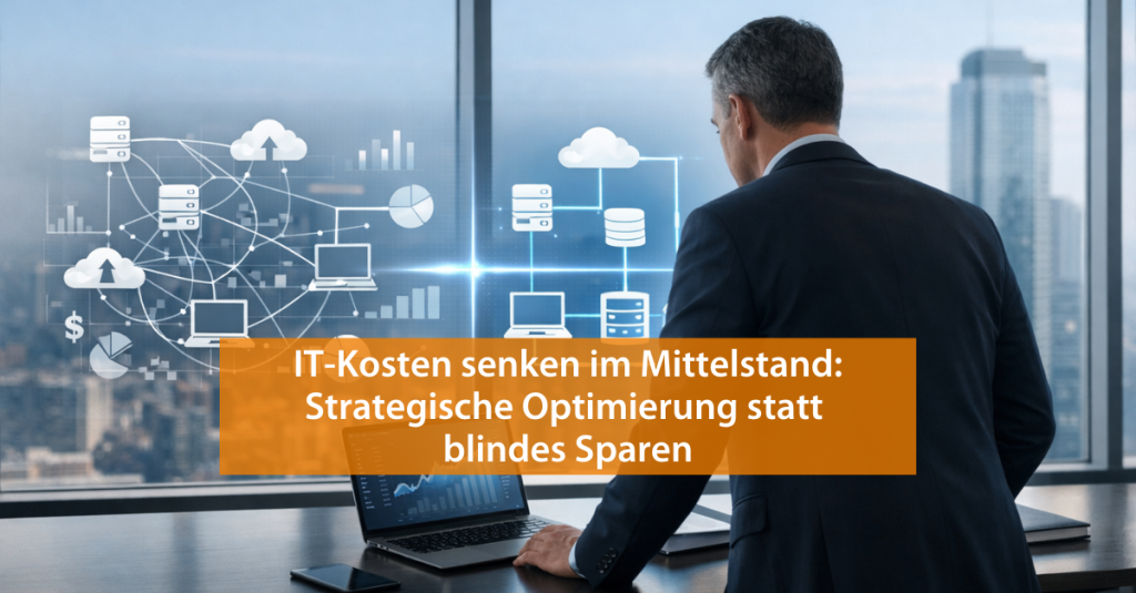 Ein Geschäftsführer halt klar und strukturiert den Überblick über die IT-Kosten und Infrastruktur.