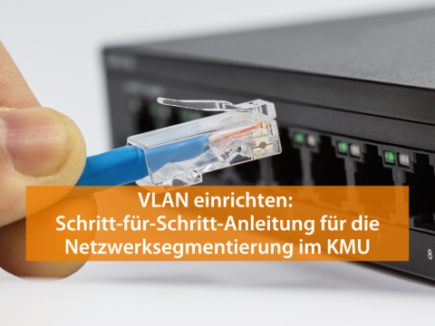 Ein IT-Verantwortlicher steckt ein Netzwerkkabel in eine Switch.