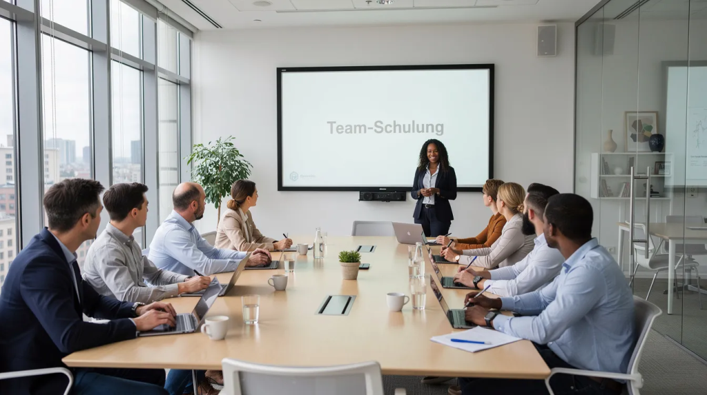 Das Bild zeigt ein Team von Mitarbeitern, die in einem modernen Besprechungsraum an einer Schulung zur IT-Sicherheit teilnehmen. Sie diskutieren wichtige Themen wie Notfallplanung und den Umgang mit IT-Sicherheitsvorfällen, um den Betrieb und die Daten im Ernstfall zu schützen.
